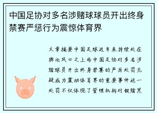 中国足协对多名涉赌球球员开出终身禁赛严惩行为震惊体育界