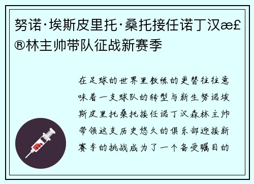 努诺·埃斯皮里托·桑托接任诺丁汉森林主帅带队征战新赛季 努诺·埃斯皮里托·桑托接任诺丁汉森林主帅带队征战新赛季